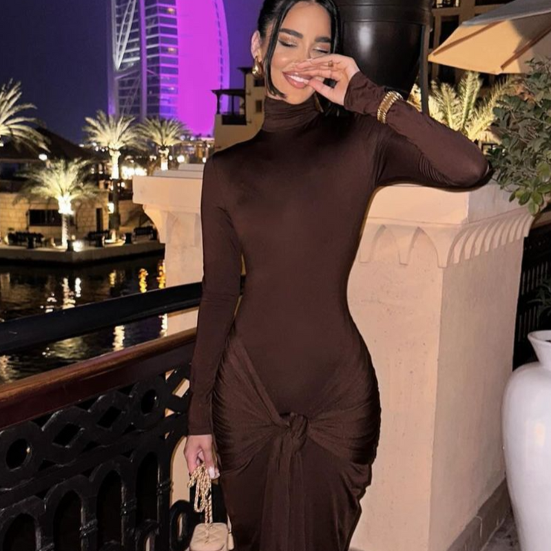 Elegant long sleeve brown bodycon dress with high neck and draped waist detail, slim-fit evening dress for women.