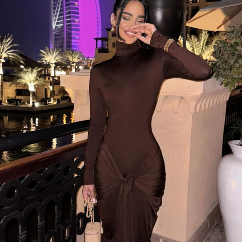 Elegant long sleeve brown bodycon dress with high neck and draped waist detail, slim-fit evening dress for women.