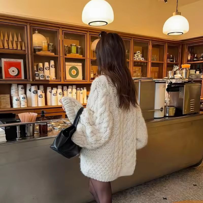 Noa Knit oversized cable knit sweater for women – soft polyester cotton blend, balloon sleeves, high-street style, available in multiple colors.