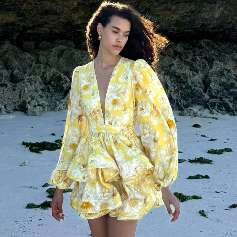 Elegant ruffled mini dress for women with deep V-neck, long sleeves, and A-line silhouette, perfect for spring/summer 2025. Flattering, feminine design, made of breathable polyester, ideal for casual, office, and formal occasions.