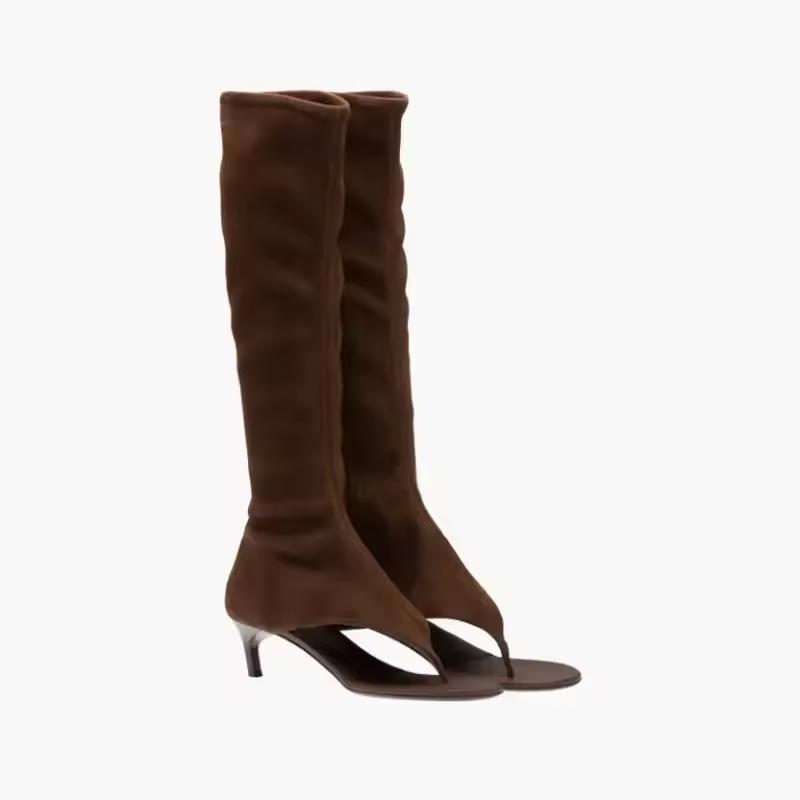 Brown PU leather knee-high boots for women with stretch fit, open toe and kitten heel, elegant and vegan-friendly summer footwear.