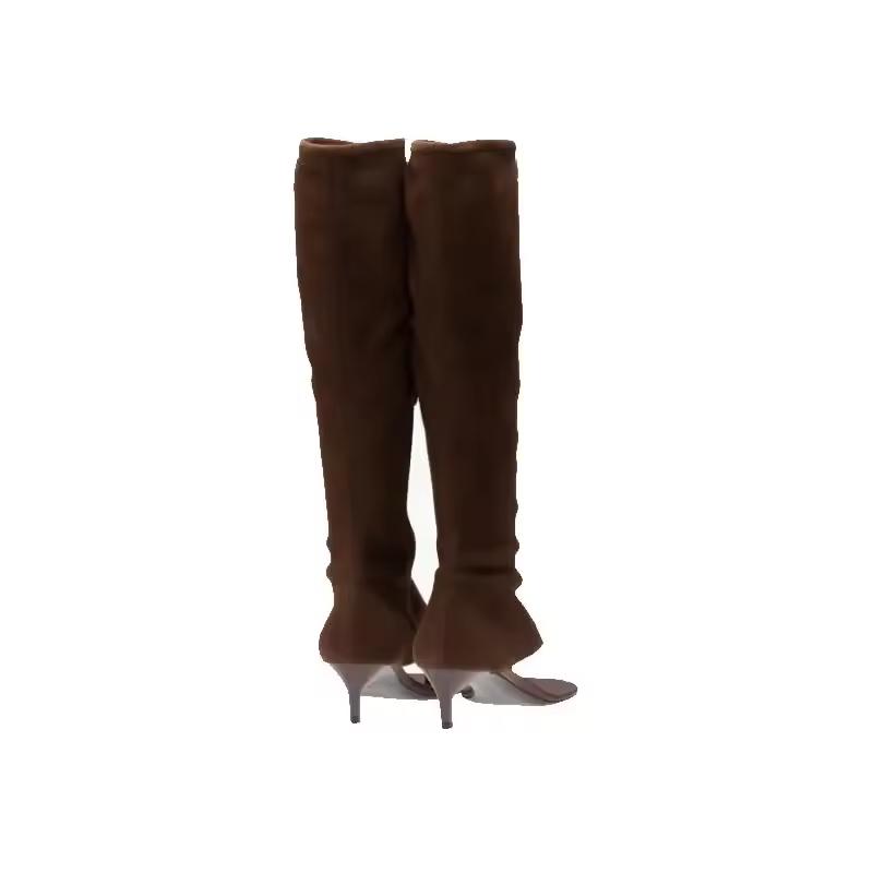 Brown PU leather knee-high boots for women with stretch fit, open toe and kitten heel, elegant and vegan-friendly summer footwear.