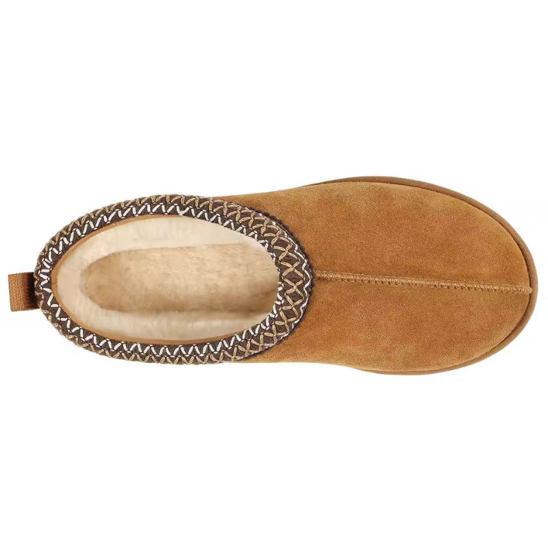 Side view Aria suede women’s winter slippers, rounded toe, warm fur lining, anti-slip sole, ankle high Zara inspired design