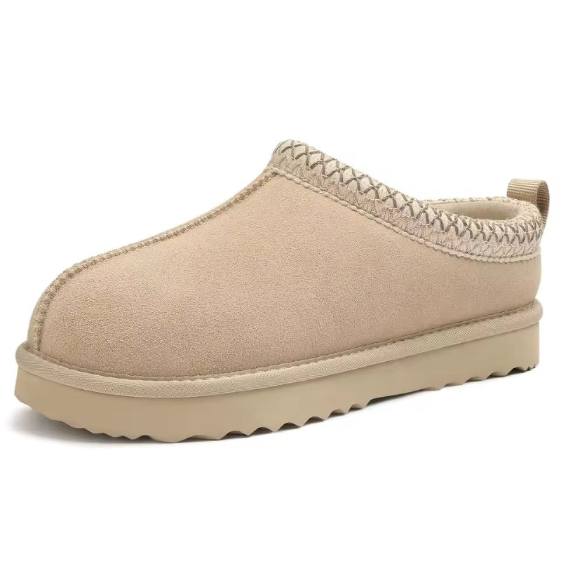 Detail view Aria suede winter slippers women, braided trim, soft fur lining, anti-slip sole, Zara style suede house shoes