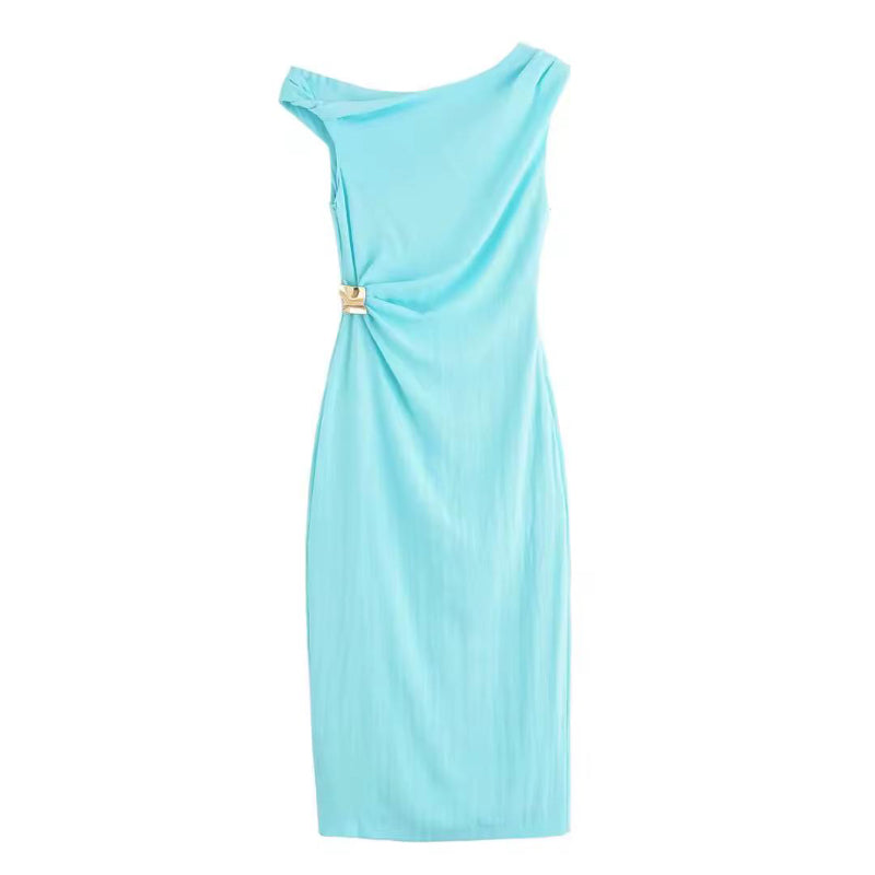 Asymmetric linen midi dress for women in turquoise with gold knot detail, sleeveless, elegant summer dress, ankle length, 2025 fashion trend