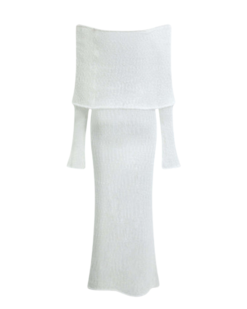 White knit maxi dress with long sleeves and structured neckline – Aurora Frame