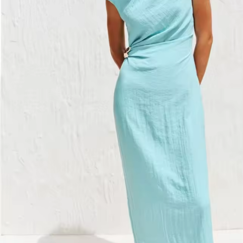 Asymmetric linen midi dress for women in turquoise with gold knot detail, sleeveless, elegant summer dress, ankle length, 2025 fashion trend