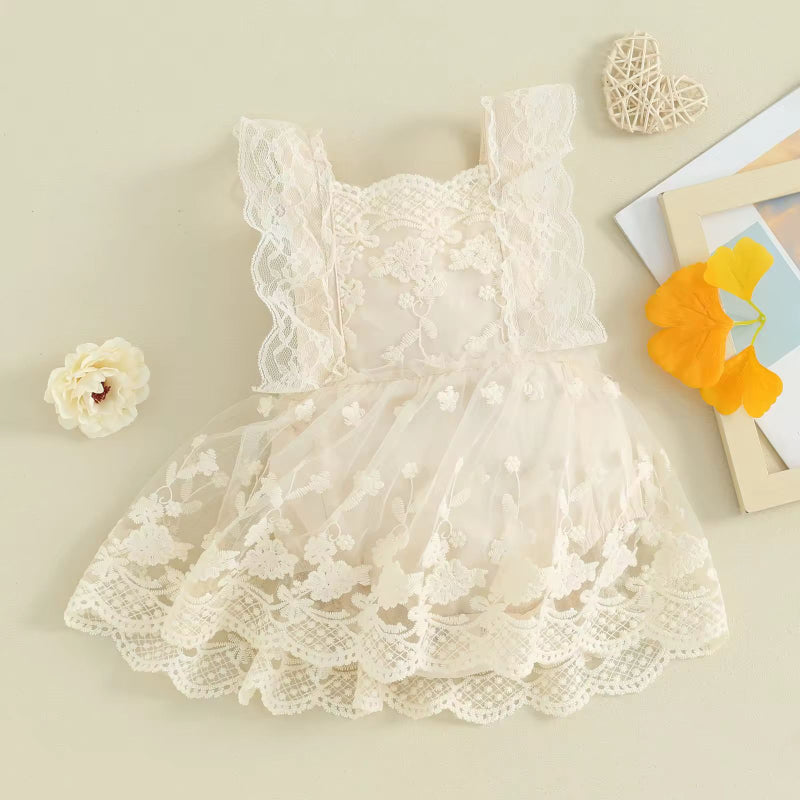 Baby girl lace romper with tutu skirt, summer outfit for 0–24 months, ivory cotton baby dress