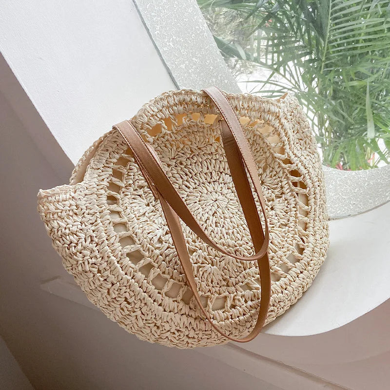 Stylish circular straw tote for women – handmade and lightweight