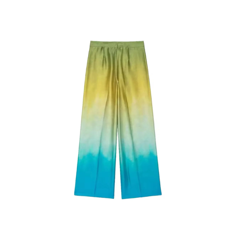 Two-piece ombre outfit with yellow to blue gradient – button-up shirt with collar and high-waisted wide-leg pants in soft polyester.