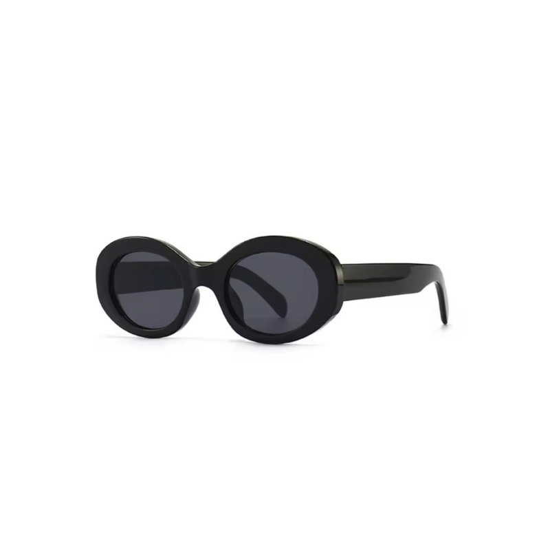 Glossy black oval sunglasses with durable plastic frame and UV protection. Lightweight retro eyewear for women.