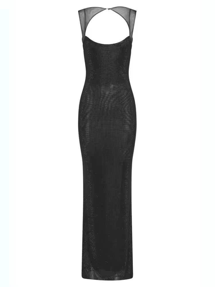 Model wearing black glitter strap evening dress – long bodycon gown with hot diamond sparkle, perfect for cocktail night or clubwear.