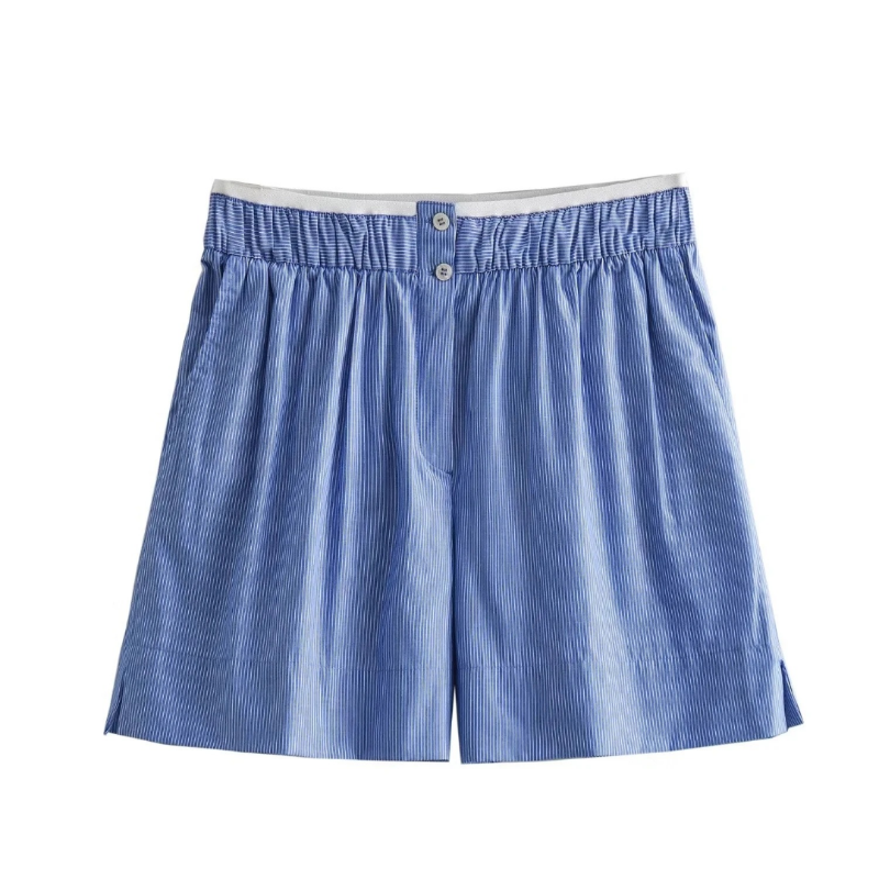 Light blue pinstriped women’s shorts with elastic waistband, button detail & side slits – breathable summer fabric, loose fit.