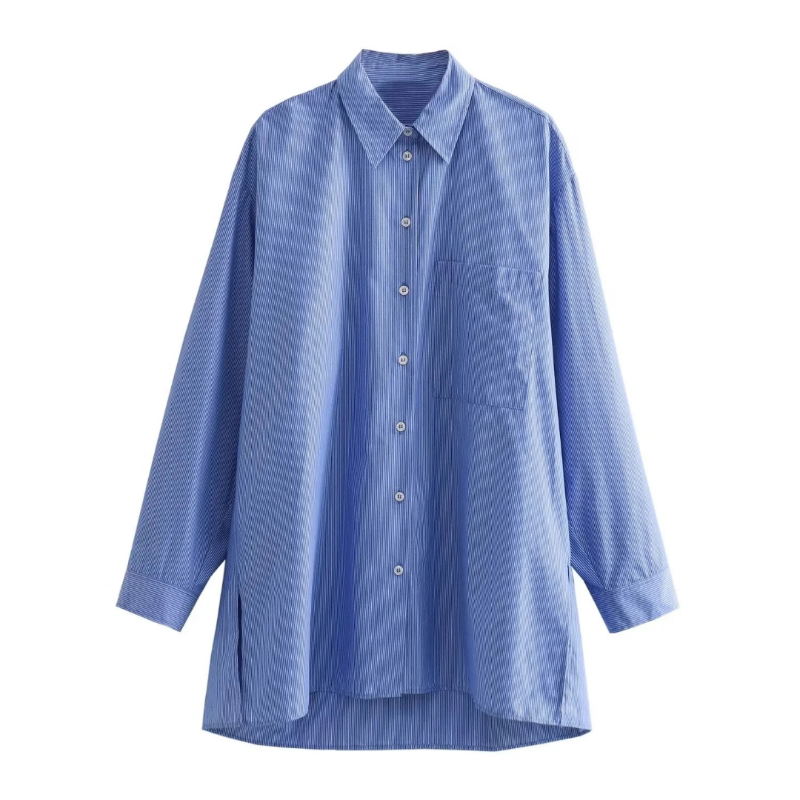 Sky blue striped long-sleeve button-down shirt with chest pocket – lightweight polyester blend, relaxed oversized fit for summer days.