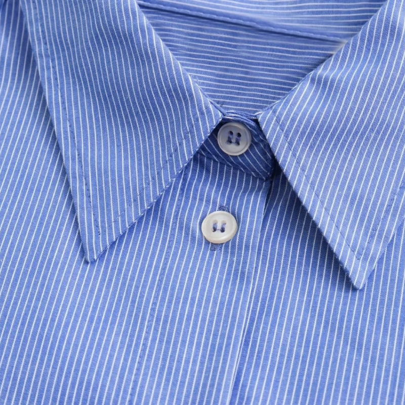 Sky blue striped long-sleeve button-down shirt with chest pocket – lightweight polyester blend, relaxed oversized fit for summer days.