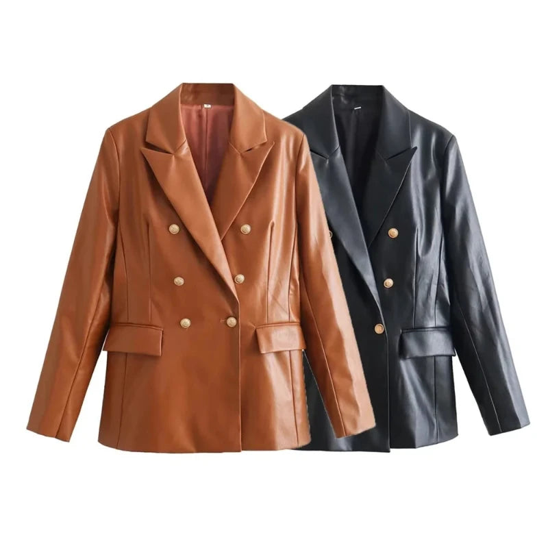Stylish brown double-breasted PU leather blazer featuring gold buttons and flap pockets