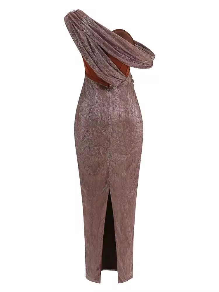 Backless bronze glitter maxi dress with draped shoulder and body-hugging corset fit – CAIRA Gown