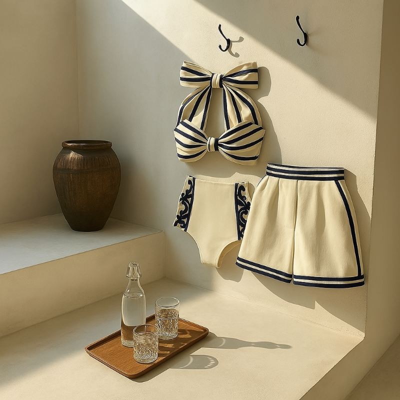 Three-piece swimsuit set with shorts and bow bikini top – Capri Mare collection