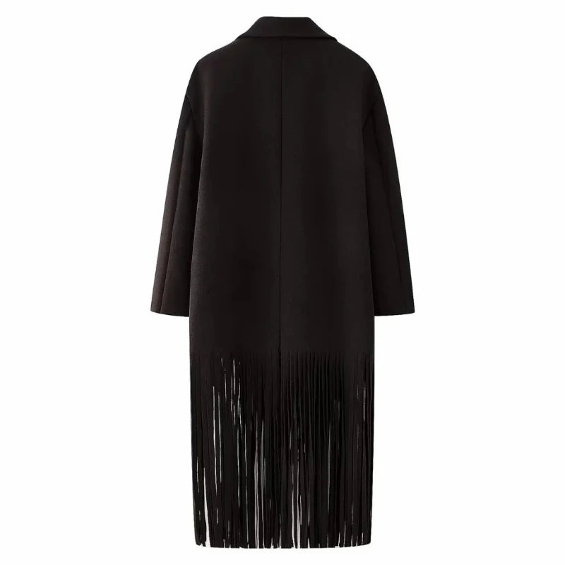 Close-up of Cléa Coat – fringe hem detail on women’s trenchcoat, Chic & Charm fashion