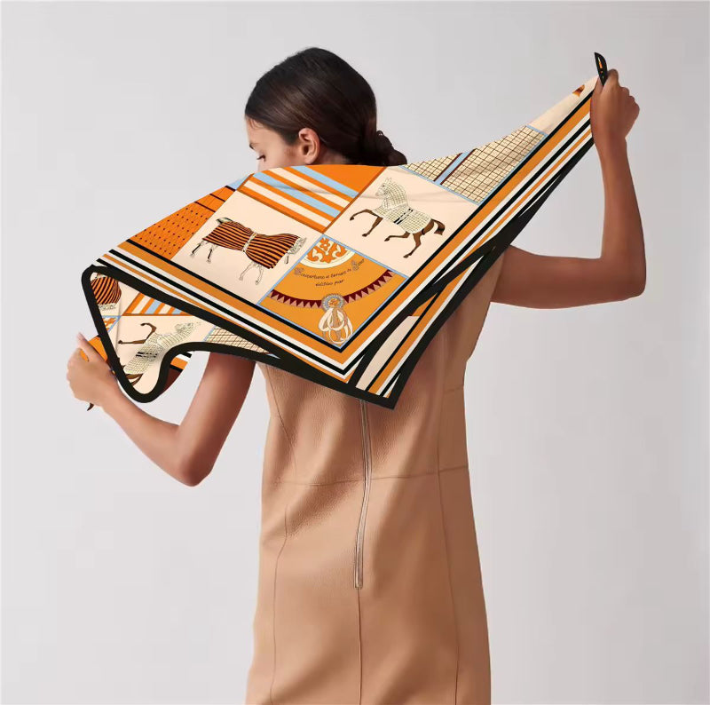 Equina Scarf – 90×90 Twill Silk Square Scarf with Equestrian Print in Orange, Pink & Blue