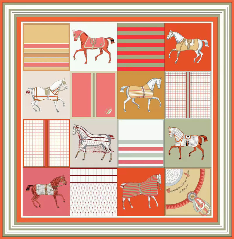 Front view of Equina 90x90 silk scarf with equestrian patchwork in orange tones – luxury neck or head wrap for women