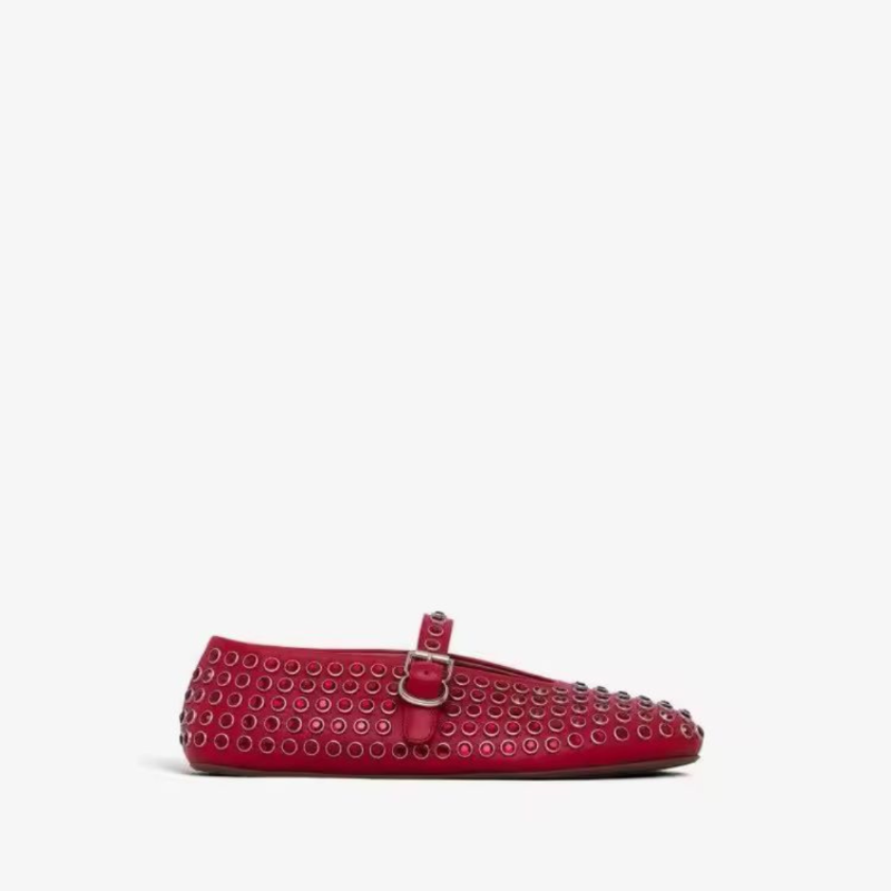 Bold crimson red rhinestone flat for plus size women with rounded toe and decorative buckle – Paris Colette Crystals shoe