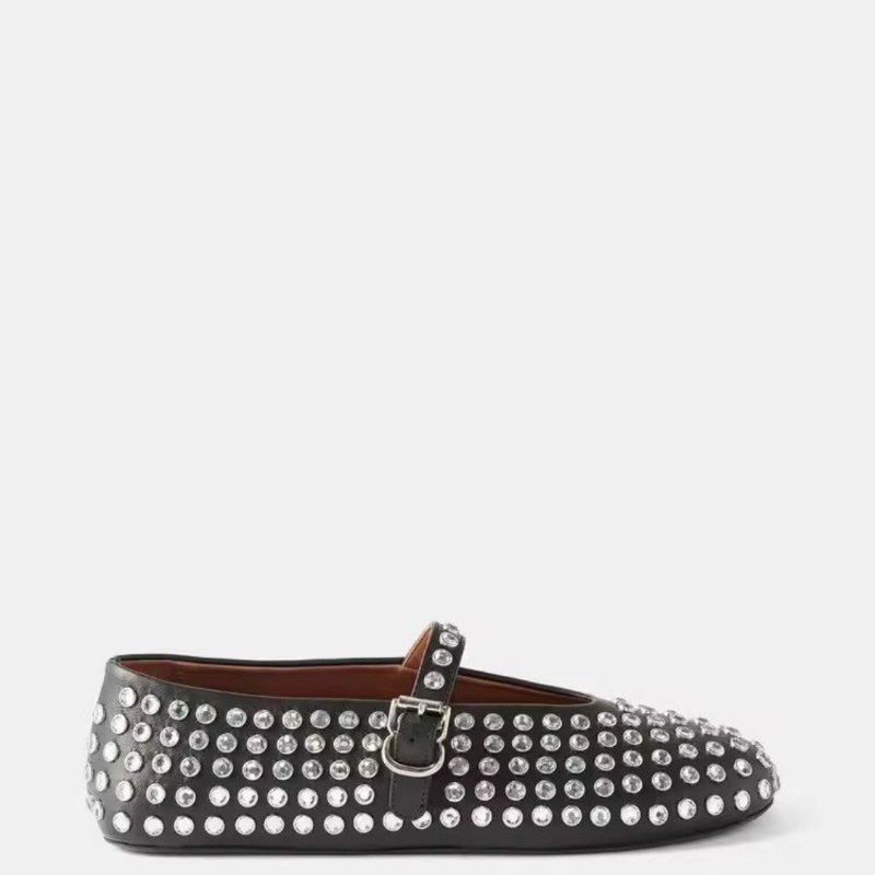 Elegant black plus size women’s flat with rhinestone studs and buckle strap – The Paris Colette Crystals