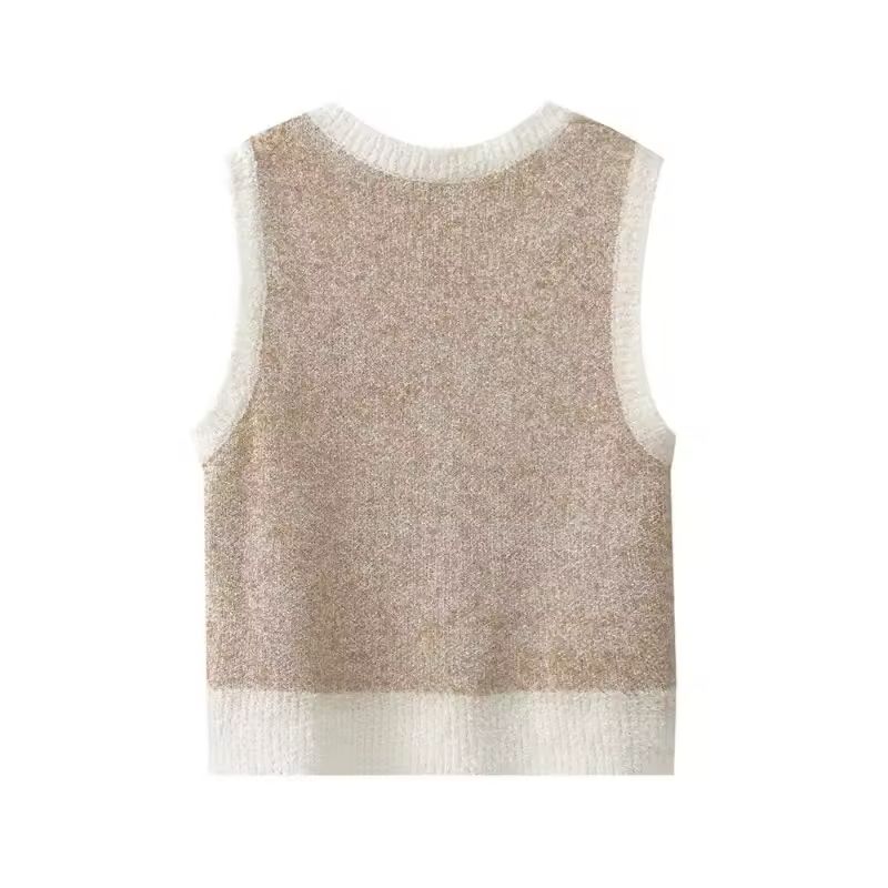 Back view of soft beige cropped knit vest with ribbed hem – minimal sleeveless sweater for women