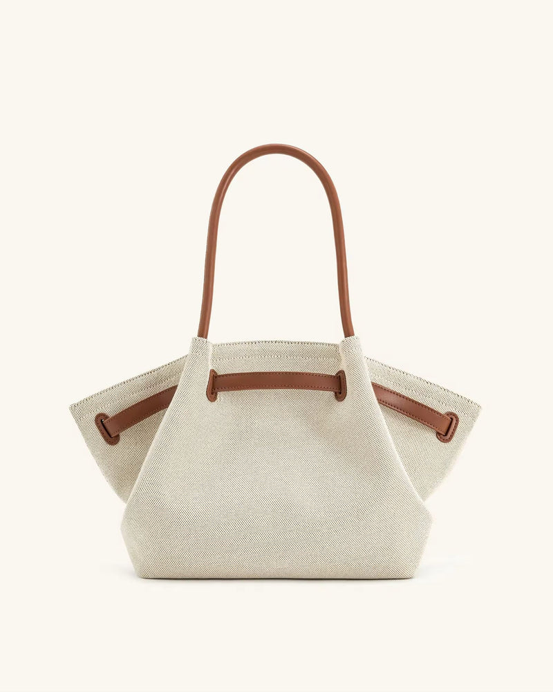 Toscana Tote front view – cream canvas bag with tan leather-look handles