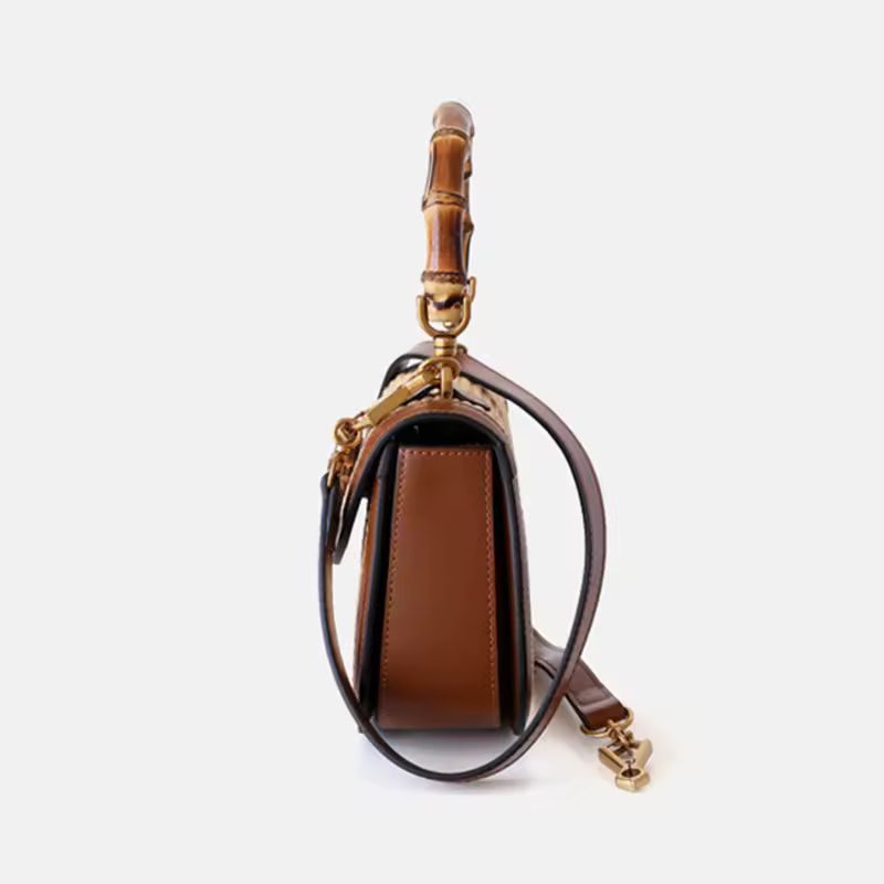 Bamboo Grace designer handbag with real leather and straw, bamboo top handle, crossbody strap, and structured silhouette – elegant summer purse for women, natural woven handbag with high-end fashion design, compact bag for phone and wallet.