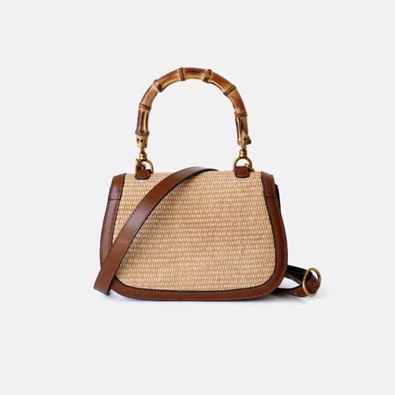 Bamboo Grace designer handbag with real leather and straw, bamboo top handle, crossbody strap, and structured silhouette – elegant summer purse for women, natural woven handbag with high-end fashion design, compact bag for phone and wallet.