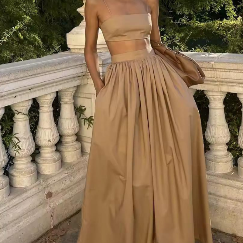 Neutral beige Dessert Linen set – elegant cotton-linen two-piece with high-waist maxi skirt and top, perfect for beach, brunch or vacation