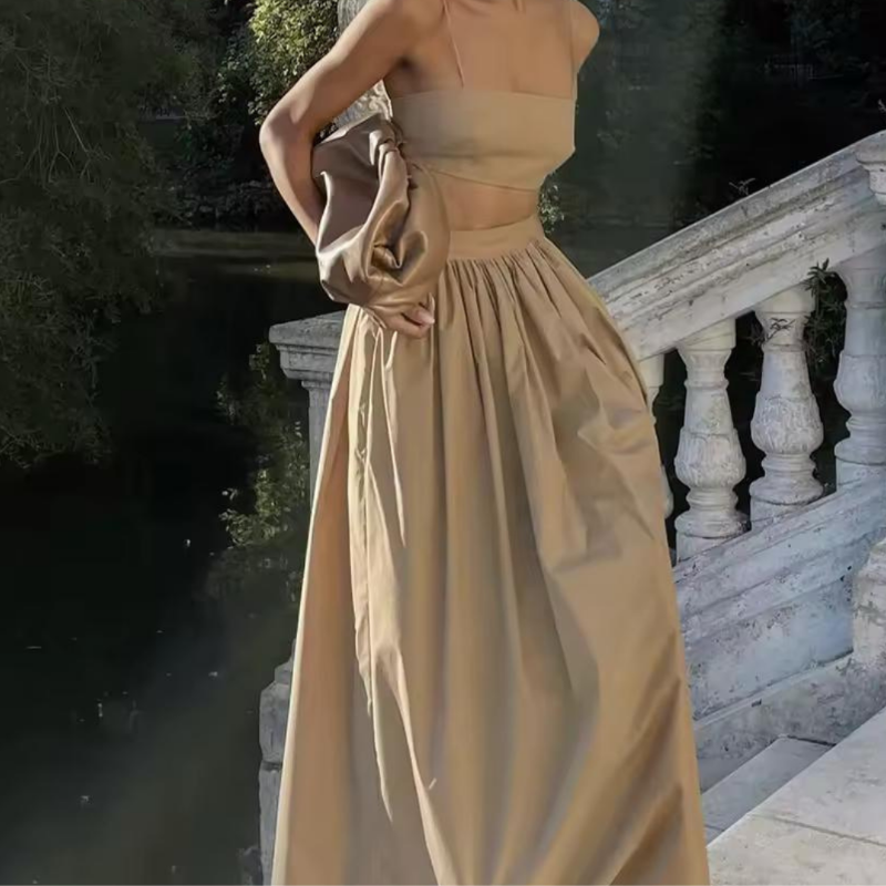 Neutral beige Dessert Linen set – elegant cotton-linen two-piece with high-waist maxi skirt and top, perfect for beach, brunch or vacation