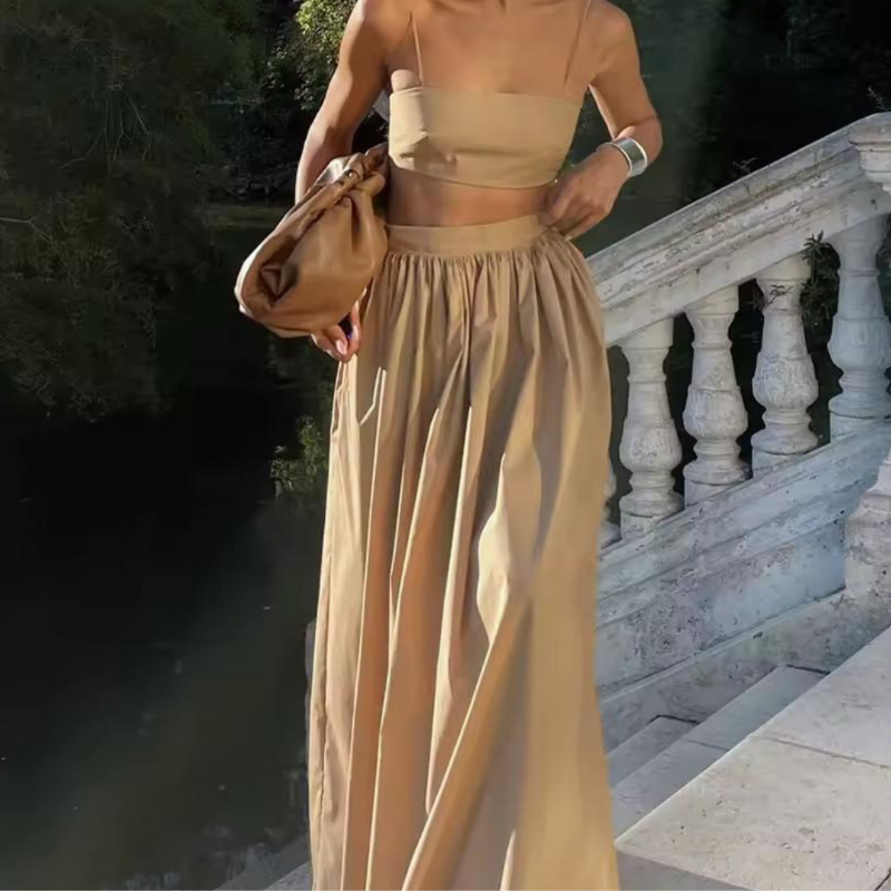 Neutral beige Dessert Linen set – elegant cotton-linen two-piece with high-waist maxi skirt and top, perfect for beach, brunch or vacation