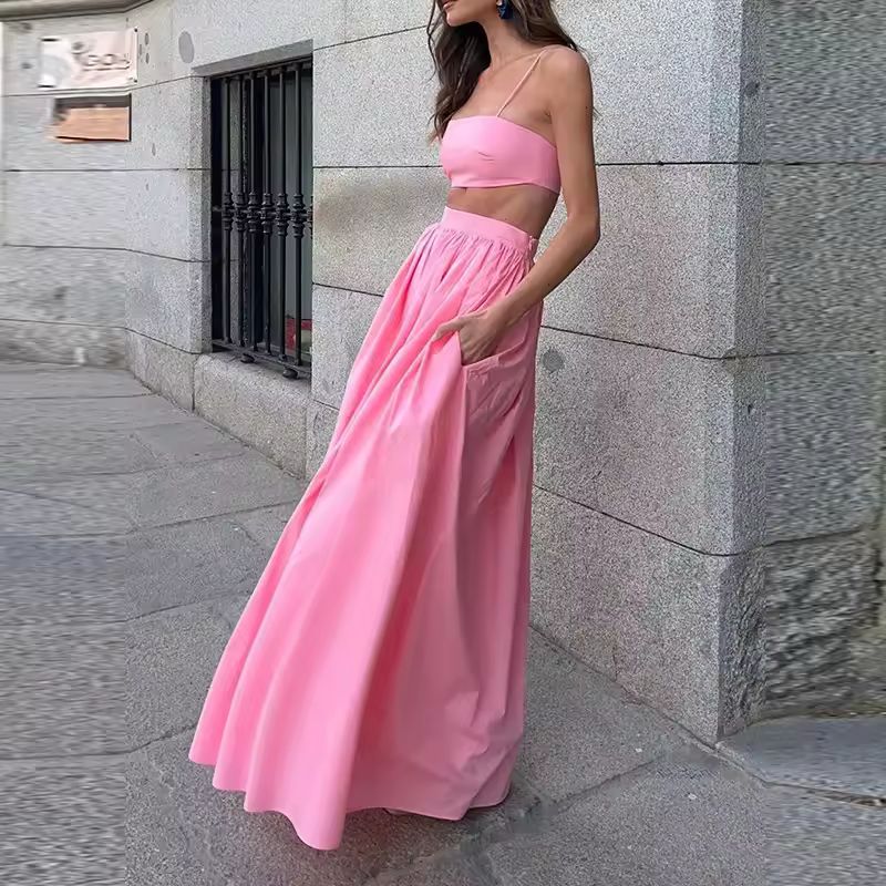 Blush pink Dessert Linen set – soft and feminine 2-piece cotton-linen outfit with flowing maxi skirt and delicate strap top for summer days