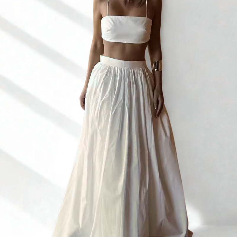 Dessert Linen two-piece outfit in vanilla white – airy cotton-linen set for women with flowy maxi skirt and minimal top, perfect for warm days