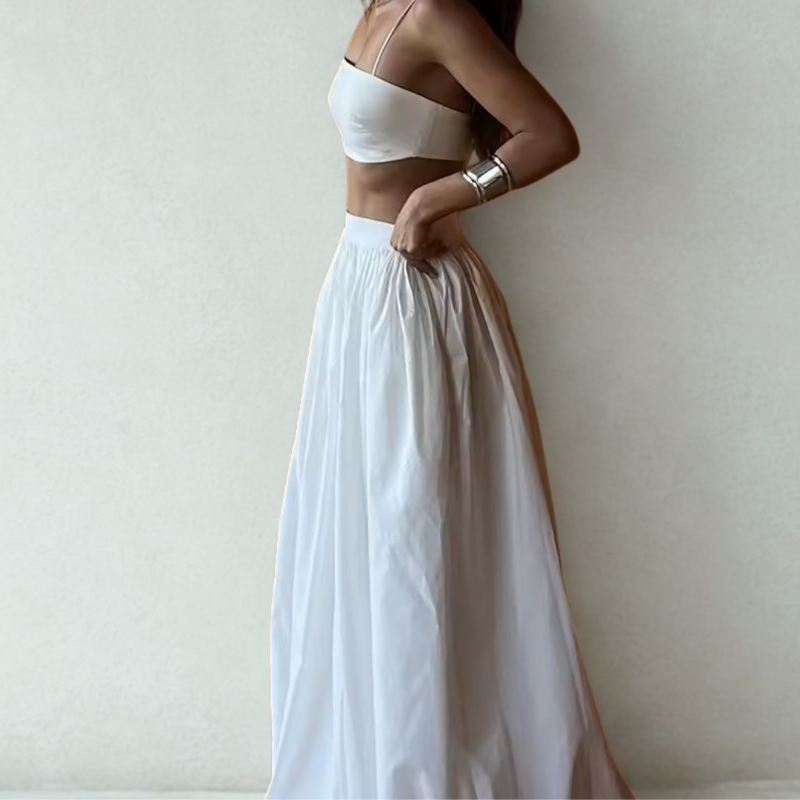 Dessert Linen two-piece outfit in vanilla white – airy cotton-linen set for women with flowy maxi skirt and minimal top, perfect for warm days