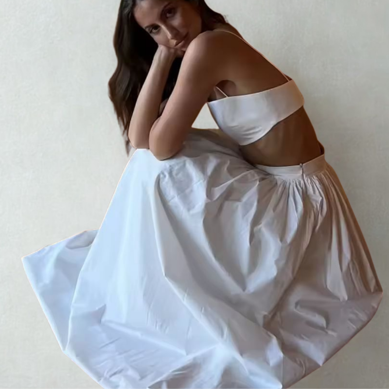 Dessert Linen two-piece outfit in vanilla white – airy cotton-linen set for women with flowy maxi skirt and minimal top, perfect for warm days