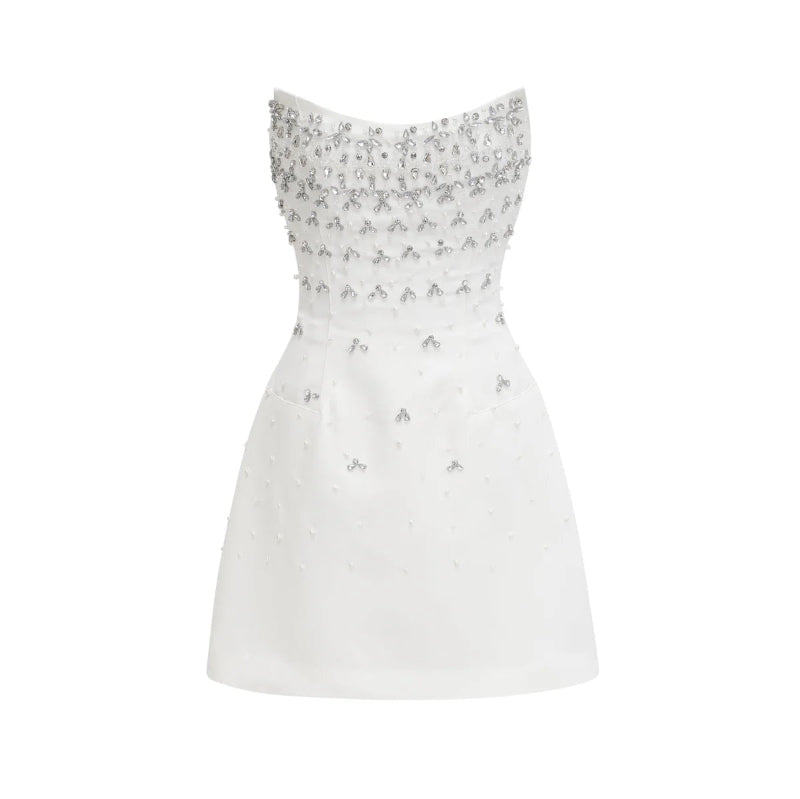 White luxury rhinestone mini dress for wedding, gala, or birthday – French couture look