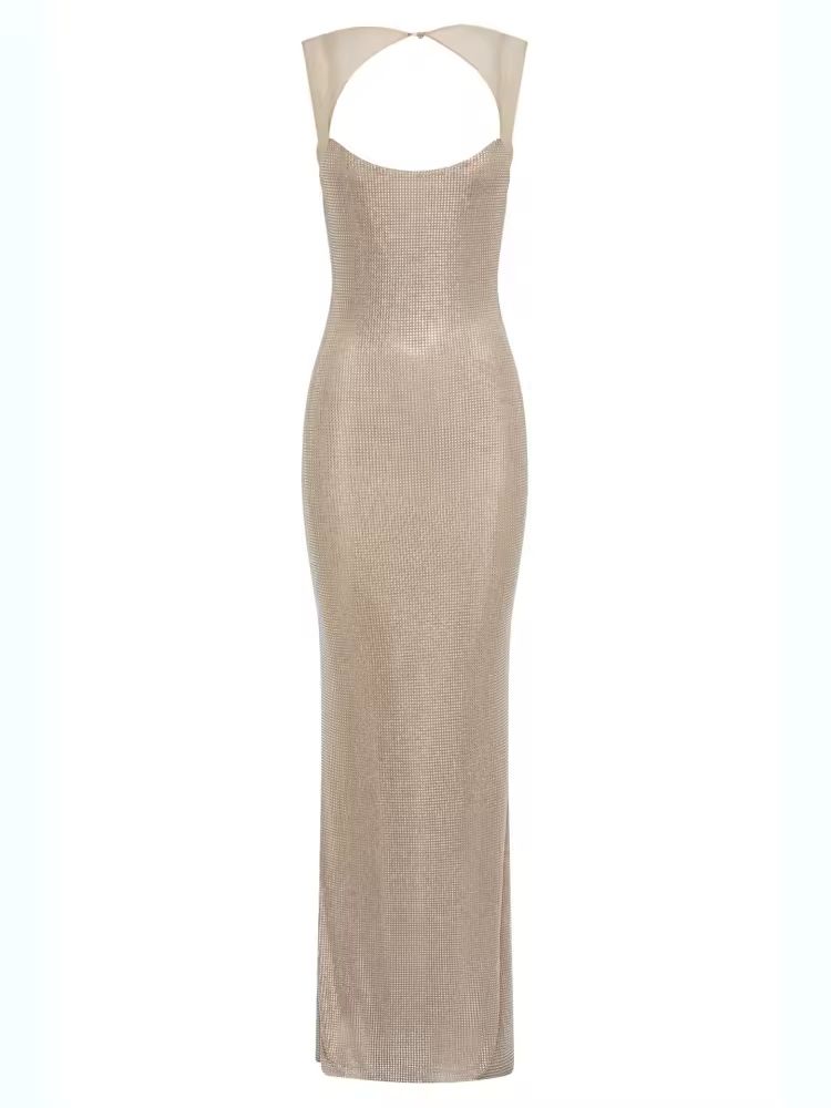 Luxury champagne sequin maxi dress with open back – French-inspired sparkle gown for gala night or elegant birthday party.