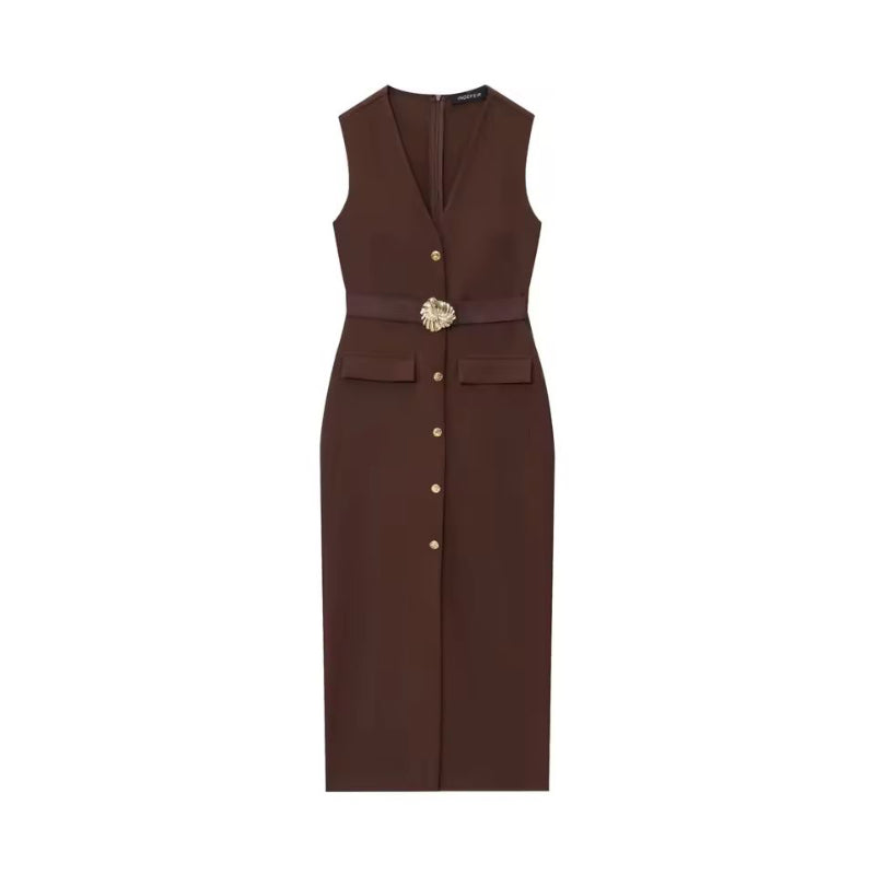 Timeless belted midi dress in brown polyester with gold buttons – sleeveless women’s style