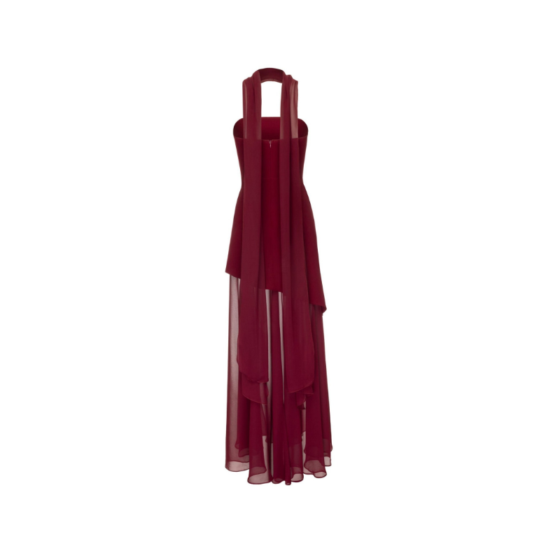 Elegantes rotes Abendkleid mit asymmetrischem Saum und fließendem Rock.
Elegant red evening gown with asymmetrical hem and flowing chiffon skirt