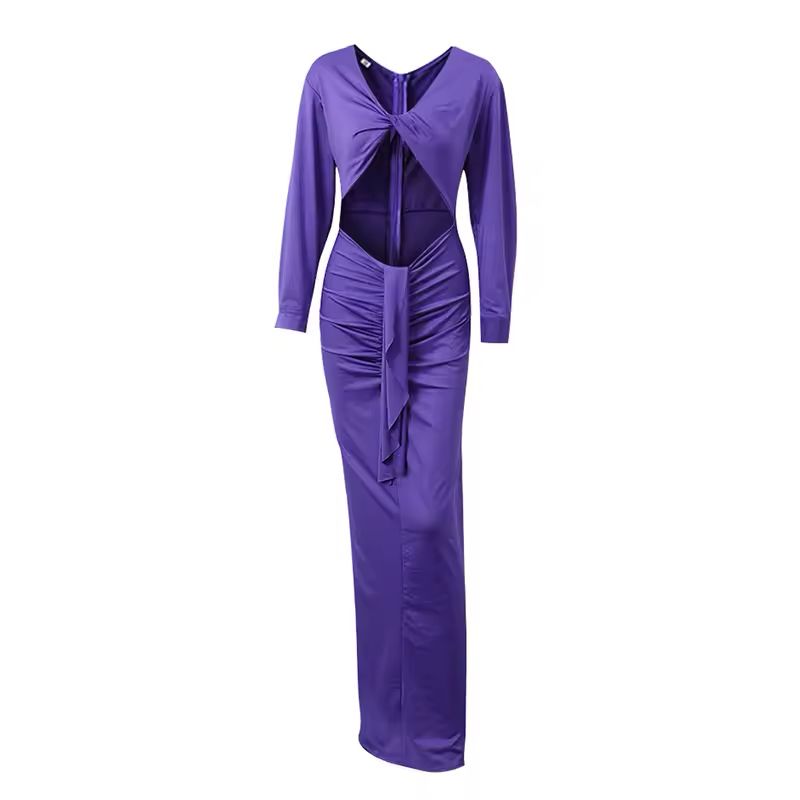 Elegant violet cut-out maxi dress for women with V-neck and empire waist