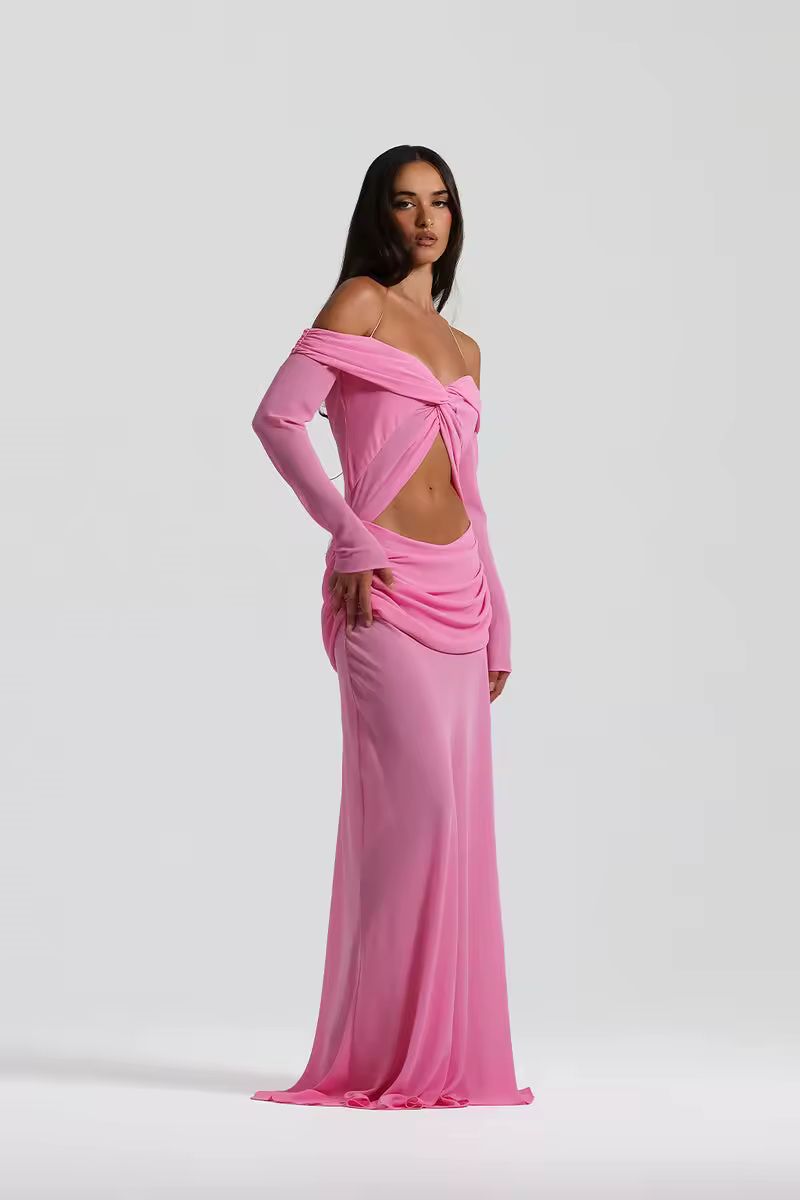 ENVIE pink strapless maxi club dress with cut-out by Chic Charm