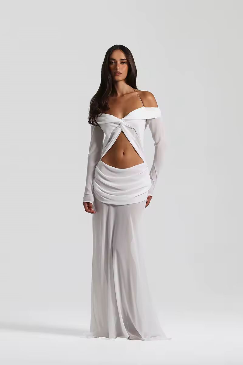 White bodycon cut-out evening gown stretch fabric