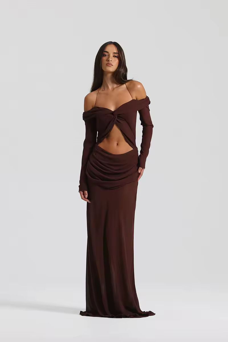 Brown off-shoulder dress with soft washed finish