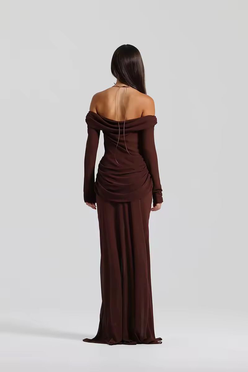 Brown off-shoulder dress with soft washed finish