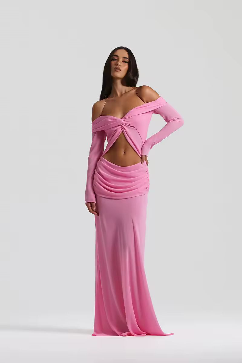 ENVIE pink strapless maxi club dress with cut-out by Chic Charm