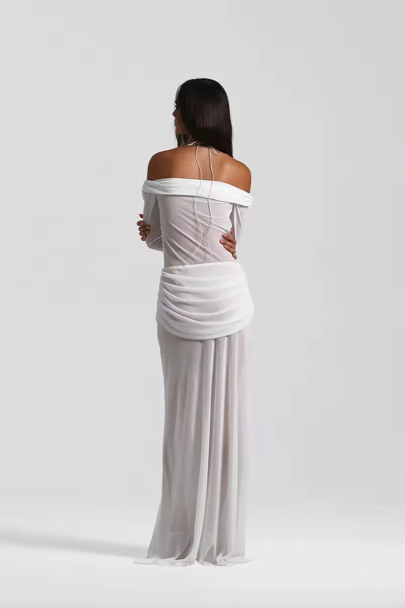 White bodycon cut-out evening gown stretch fabric