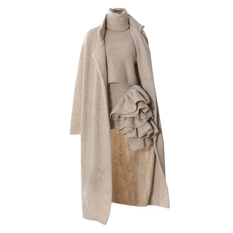 Fashion 3-Piece Women's Set featuring a long sweater coat with 3D floral details, a stylish mini skirt, and a knitted cardigan for Winter.